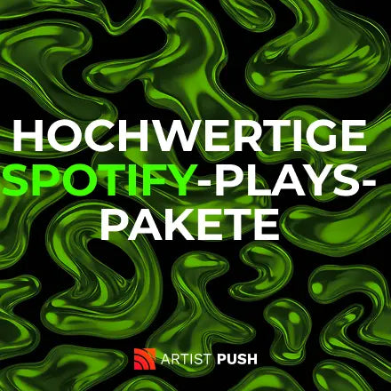 Werbegrafik mit grünem 3D-Netzhintergrund, die den Text 'Hochwertige Spotify-Plays-Pakete' zeigt, präsentiert von Artist Push – einem Anbieter von Musikpromotion-Diensten.