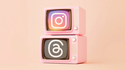 The image shows two pink vintage televisions stacked on top of each other, with the Instagram logo on the top screen and the Instagram Threads logo on the bottom screen. 