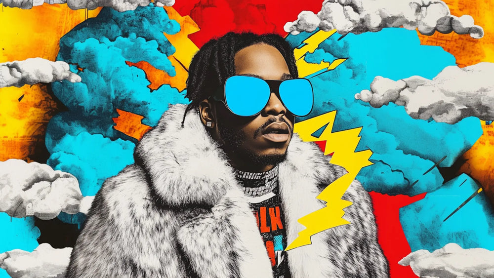 Pop-art collage featuring a modern rapper in a fur coat and oversized blue sunglasses, with a bold comic-style background of lightning bolts, clouds, and vibrant colors — representing energy, style, and music industry impact