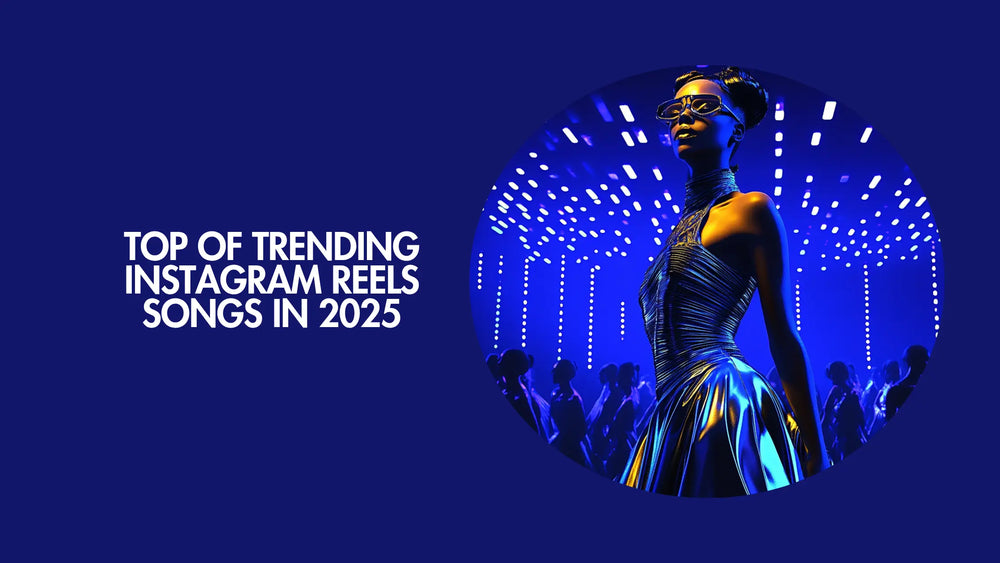 Stylish woman in futuristic lighting with bold text "Top of Trending Instagram Reels Songs in 2025"