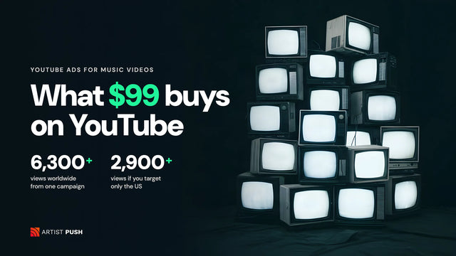 What $99 buys on YouTube: a stack of old televisions with glowing screens, 6,300+ views worldwide or 2,900+ in the US from one ad campaign for a music video