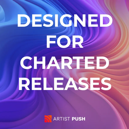 Colorful abstract wave background with text “Designed for Charted Releases” representing Traxsource Daily Push music promotion for charted tracks