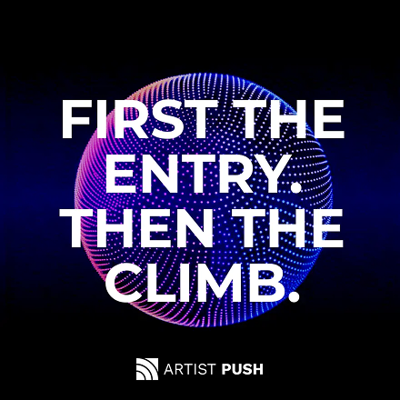 Neon digital sphere with text “First the Entry. Then the Climb” illustrating two-stage Traxsource chart promotion strategy