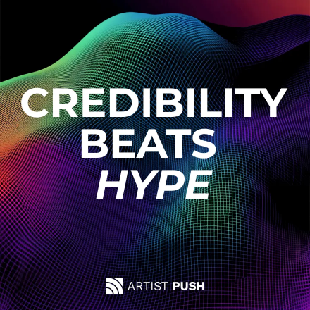 3D abstract grid wave with text “Credibility Beats Hype” symbolizing safe and organic Traxsource music promotion growth