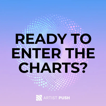 Graphic design with circular light pattern and text “Ready to Enter the Charts” promoting Traxsource chart entry music promotion service
