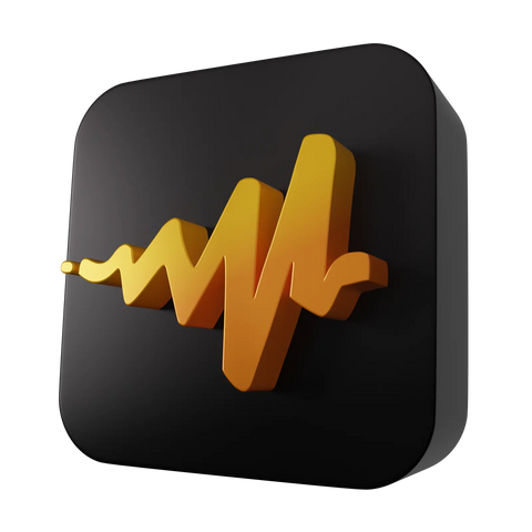 Glossy gold and orange 3D sound wave rising from a black rounded-square icon
