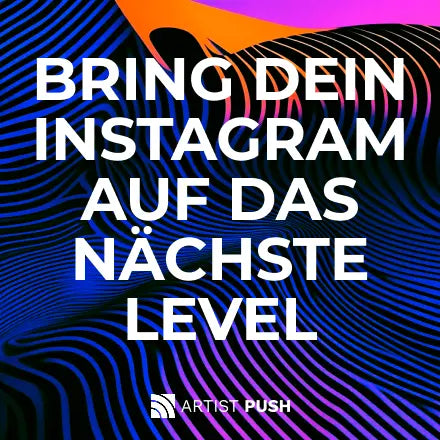 Ein futuristischer Hintergrund mit wellenartigen Linien und dem Text 'Bring dein Instagram auf das nächste Level' – visuelle Darstellung für Instagram-Wachstumsdienste von Artist Push.