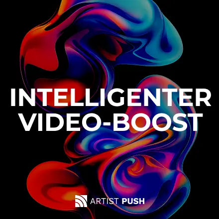 Bunte abstrakte Formen in Rot, Blau und Violett auf schwarzem Hintergrund. Im Zentrum steht der Text: 'Intelligenter Video-Boost'. Unten das Logo von Artist Push. Die Grafik bewirbt einen innovativen Service zur Steigerung der Video-Reichweite.