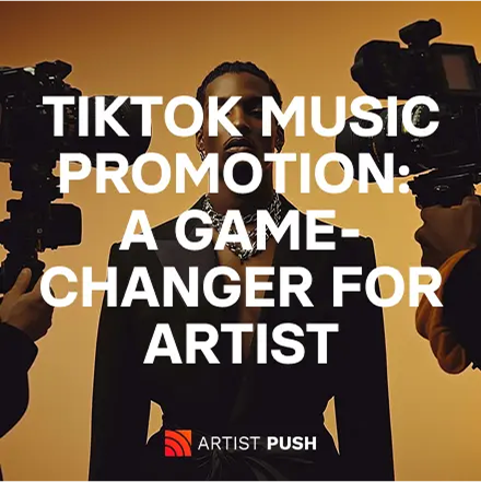 Male artist being filmed by two professional cameras on golden background, illustrating TikTok music promotion as a game-changer for artists 