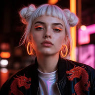 Example artist avatar: musician with white hair and orange hoop earrings against neon lights, illustrative campaign example on Artist Push
