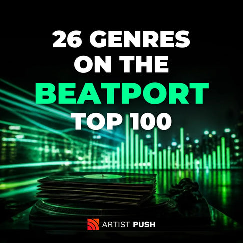 Beatport Top 100 promotion in 26 genres: vinyl records and green equalizer bars