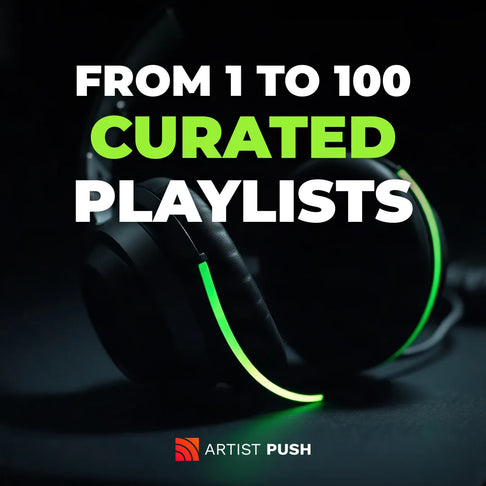 Playlist placement in 1 to 100 curated playlists: studio headphones with a lime light strip on a dark desk