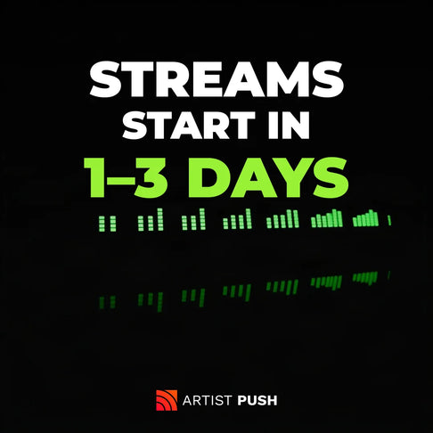 Playlist placement streams start within 1 to 3 days: glowing lime audio level meters reflected on a black surface