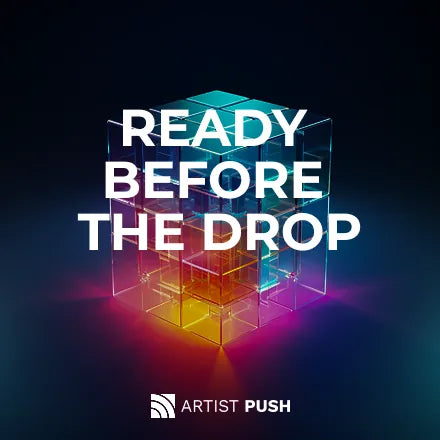 Glowing glass cube in neon light with the caption 'Ready Before the Drop' – plan your music release promotion with Artist Push