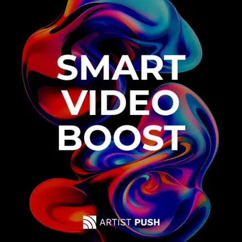  A dark background with vibrant red and blue smoke-like shapes and bold white text reading ‘SMART VIDEO BOOST.’ The image highlights Artist Push’s YouTube promotion service designed for organic video exposure and audience growth.