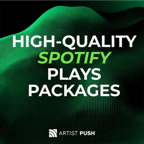 Abstract green wave grid background with bold text ‘High-Quality Spotify Plays Packages’ – Spotify plays promotion graphic.