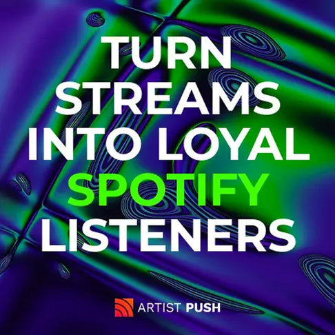 Colorful purple-green background with bold text ‘Turn Streams into Loyal Spotify Listeners’ – Spotify monthly listeners ad.