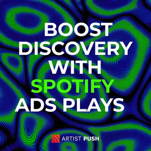 Blue-green abstract pattern with bold text ‘Boost Discovery with Spotify Ads Plays’ – Spotify algorithm ads promotion image.